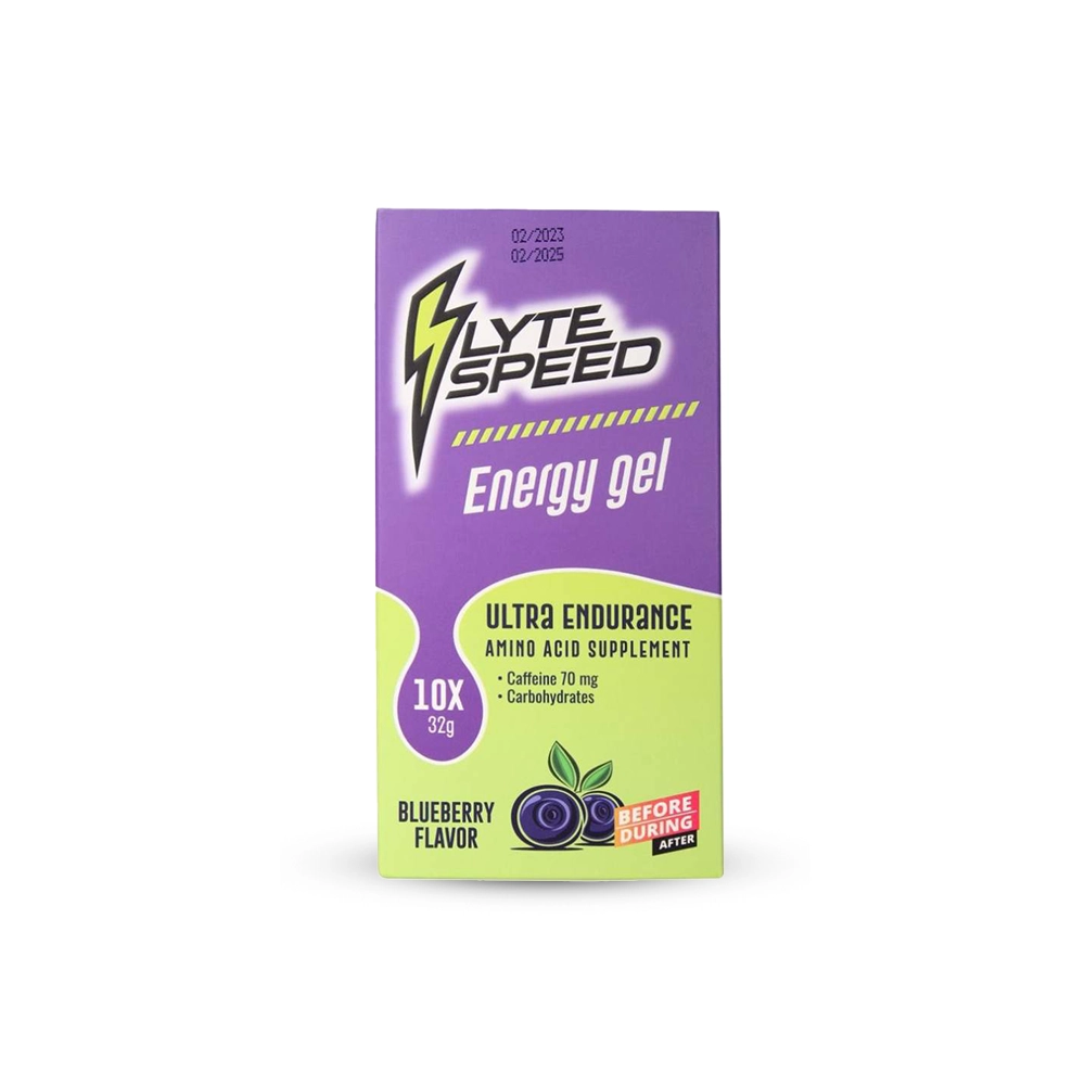 LyteSpeed-Energy-Gel-Blueberry_1.webp LyteSpeed Energy Gel | Ultra Endurance Amino Acid Supplement | Blueberry Flavor | 10x 32g Packs - Image 1