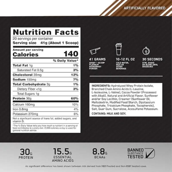 Optimum Nutrition Platinum Hydro Whey Protein Powder 800g 20 Servings 2