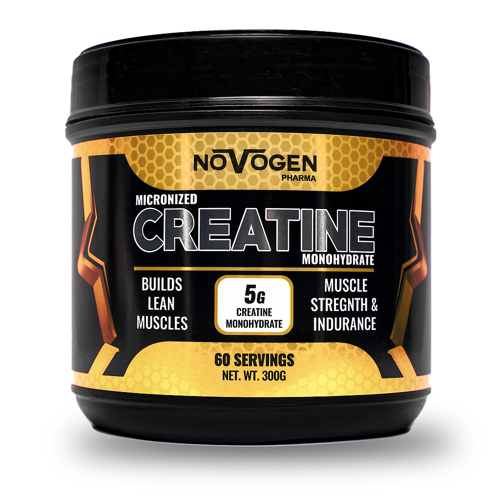 Front view of Novogen Pharma Micronized Creatine Monohydrate 300g container with 60 servings