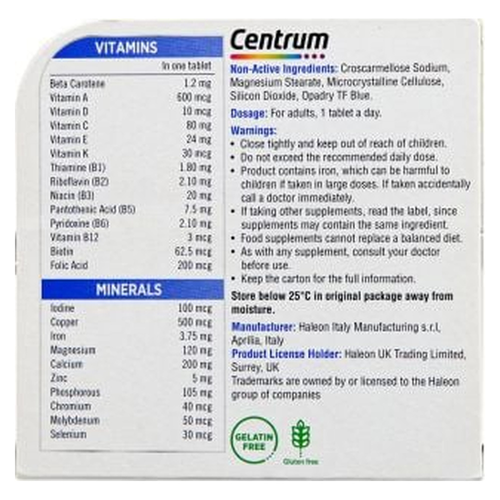 centrum men 30 tablets nutrition facts original label